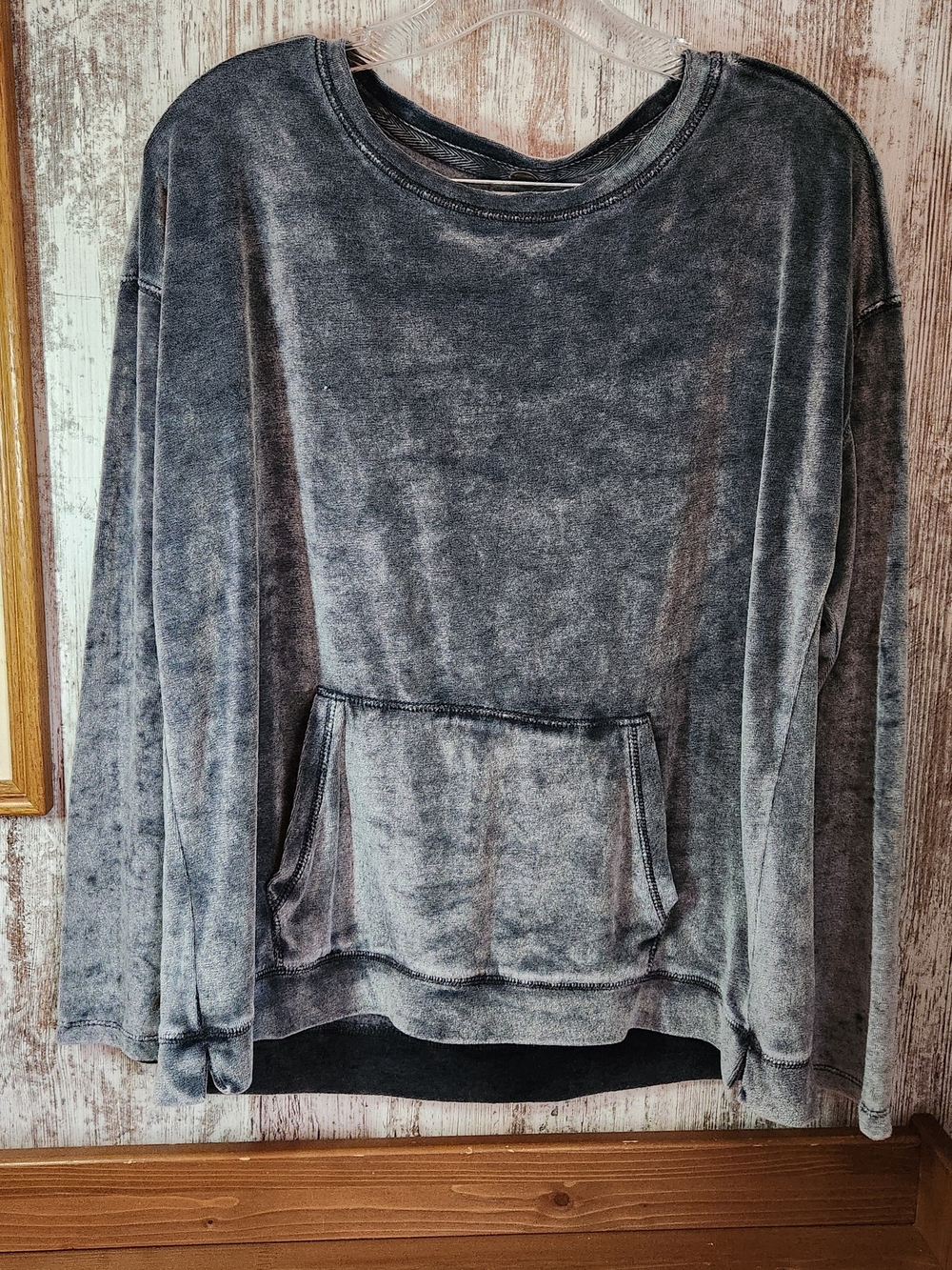 Cupio Gray Acid Wash Velour Pullover Sweatshirt with Kangaroo Pocket